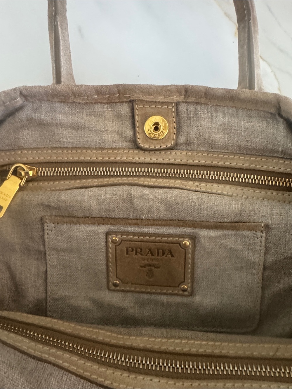 Prada Yellow Crochet Shoulder Bag with Taupe Leather Trim and shopping bag - Picture 8 of 16
